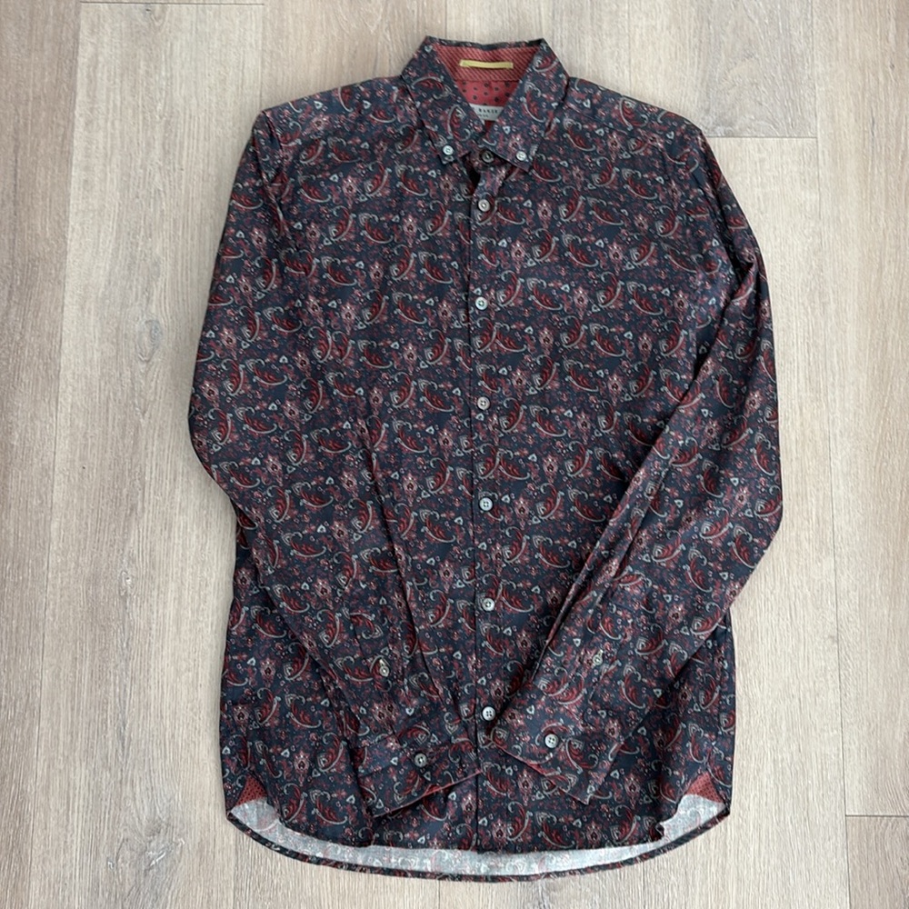 Ted Baker Mens Paisley Long Sleeve Shirt Size 2 36 Small Navy Blue Burgundy - Picture 4 of 13